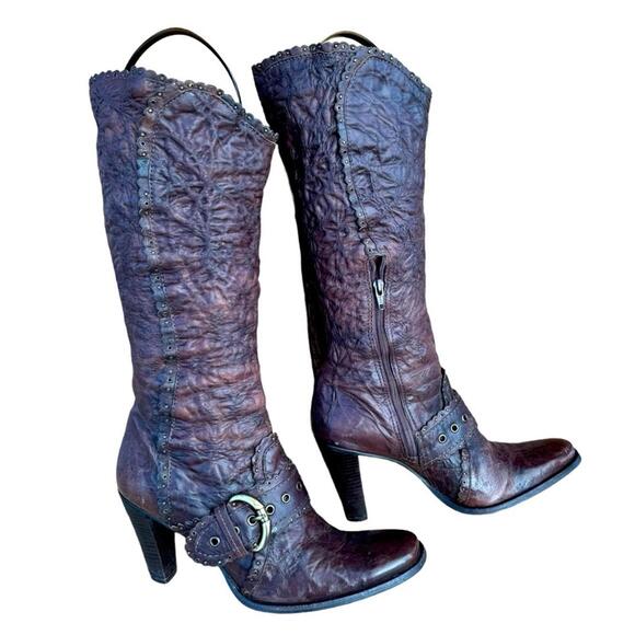 Y2K Matisse 6.5M Brown Embossed Leather Scalloped Studded Heeled Cowgirl Boots - Picture 1 of 6